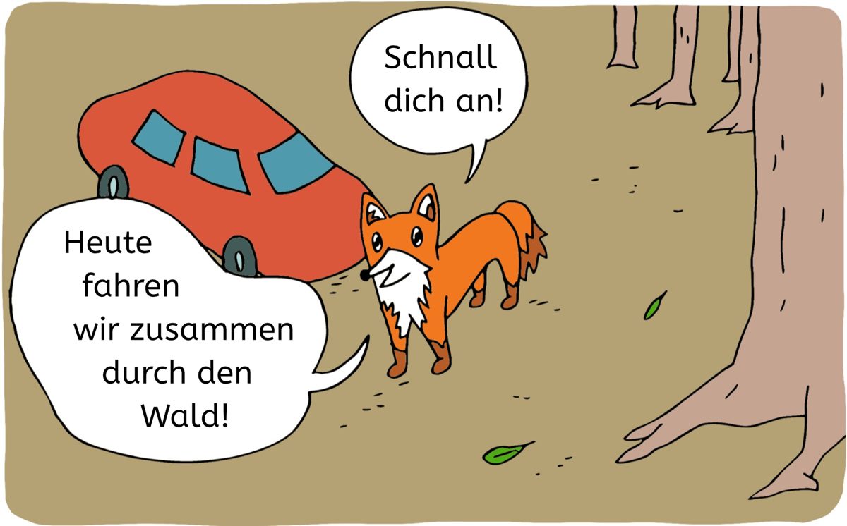 Felix steht neben seinem roten Auto im Wald: „Schnall dich an! Heute fahren wir zusammen durch den Wald!“